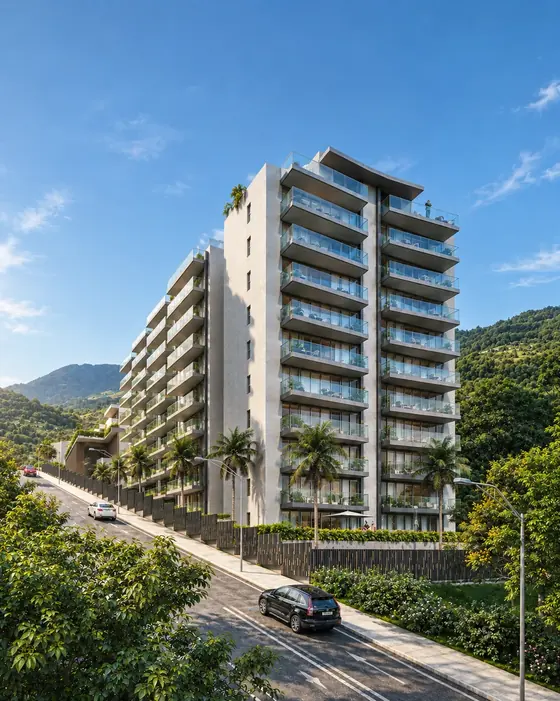 Render de un edificio residencial rodeado de montañas