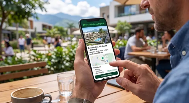 Comprador revisa en su celular la ficha de un proyecto inmobiliario